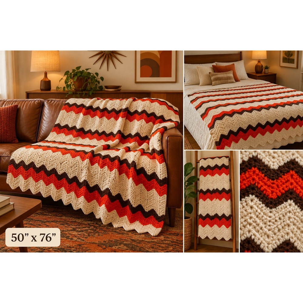Vintage 70s Hand Crocheted Afghan Blanket Orange Brown Cream Chevron 76x50